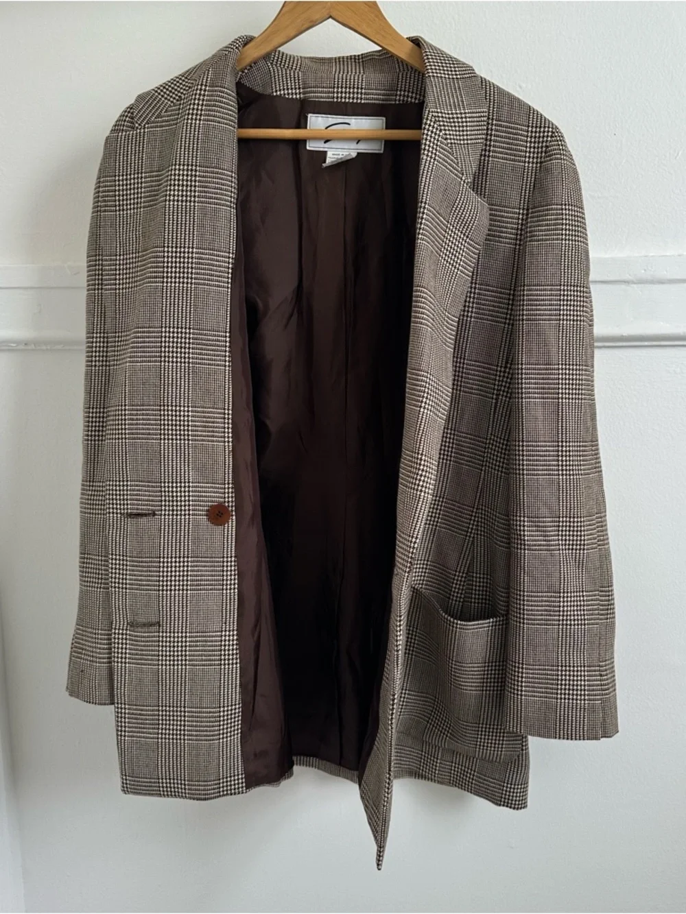 100% Wool Checked & Houndstooth Brown Plaid Blazer - Picture 11 of 13